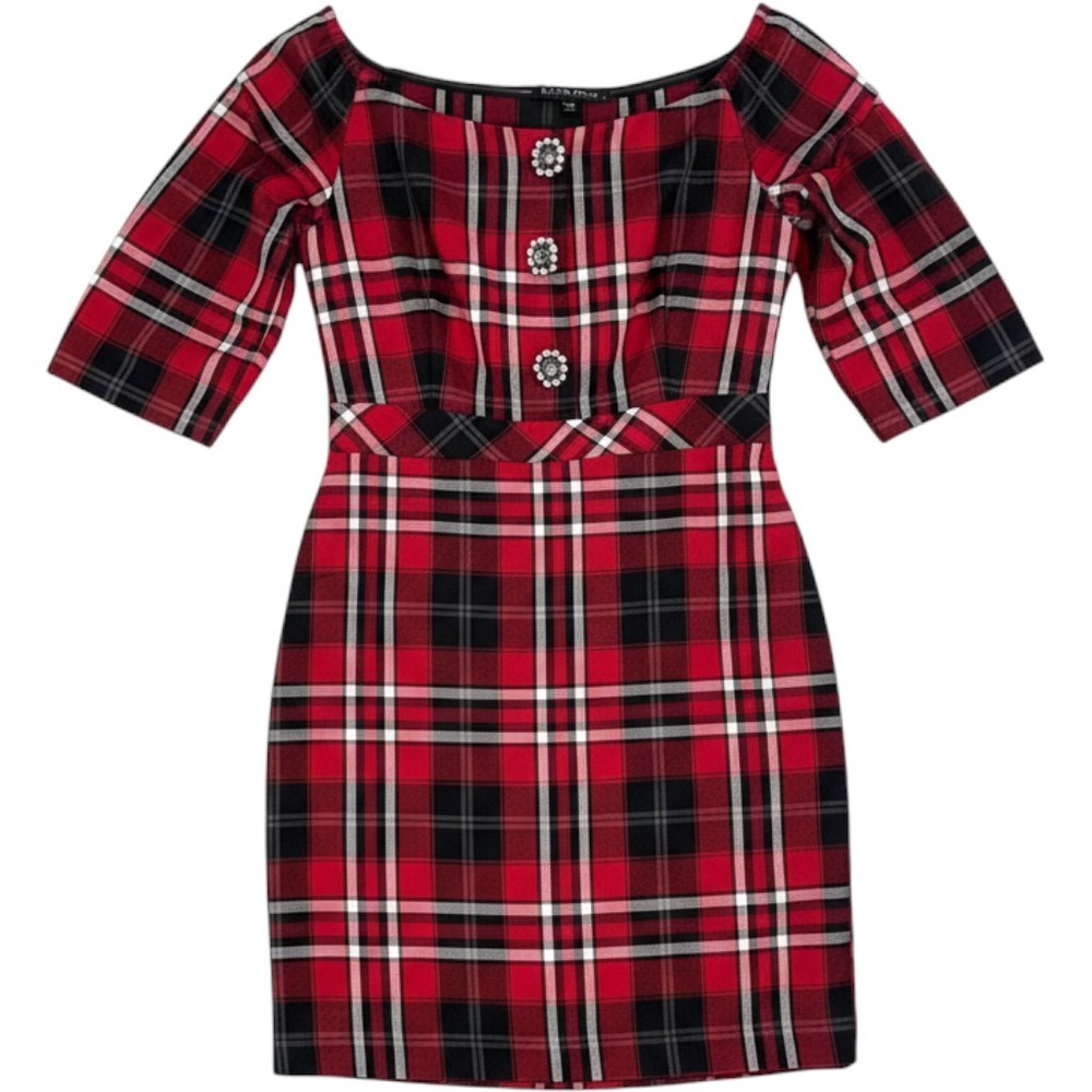 Boston Proper Dress Size 10 Red Plaid Rhinestone Button Sheath Holiday